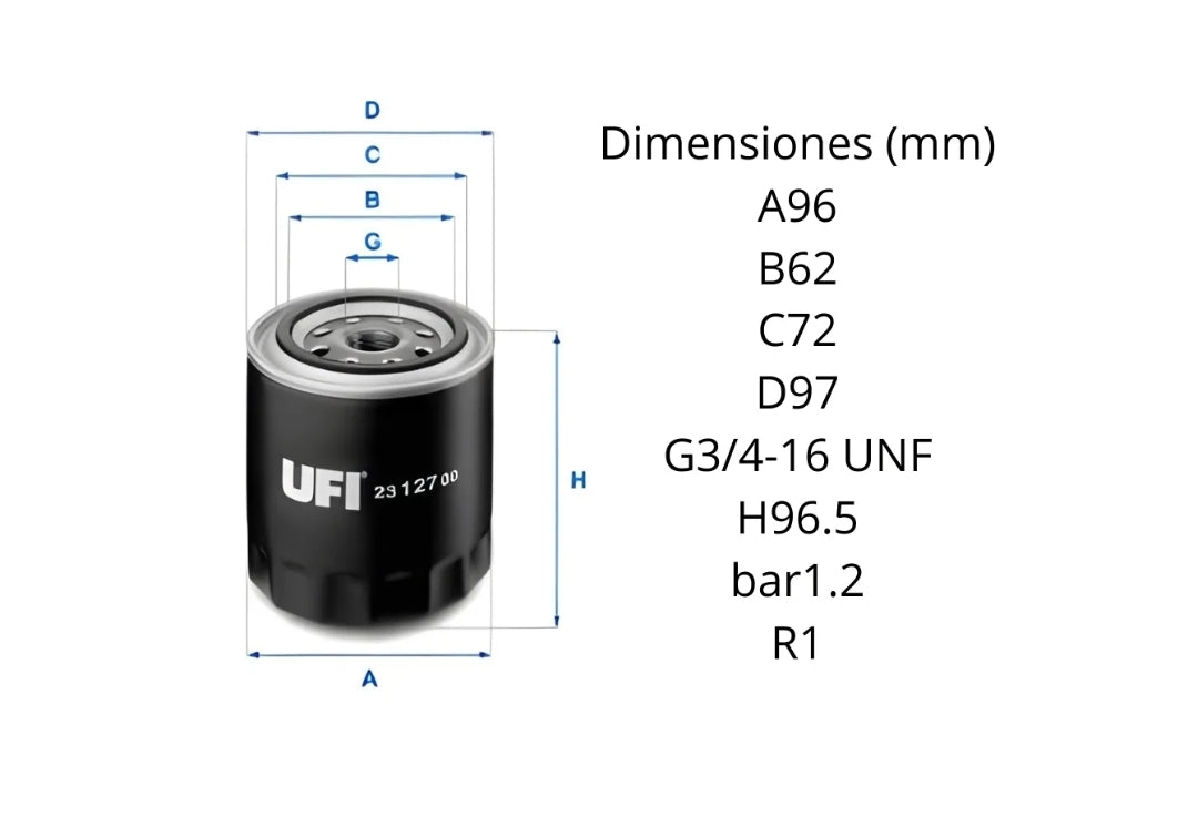 Filtro De Aceite Ufi 23.127.00 Equivalente A Bobcat 6675517 Ph16 P550939 Lf3311 Gp81